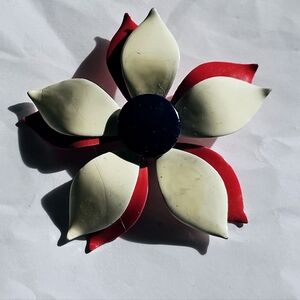 60s Red/White Navy mid century Patriotic Enamel Flower metal Brooch Vintage